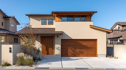 Modern Two-story House with a Warm Wooden Garage Door / 温かみのある木製ガレージドアのモダンな二階建ての家