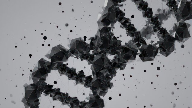 Dynamic abstract DNA helix structure composed of intricate geometric shapes and floating particles, perfect for science and technology concepts - Powered by Adobe