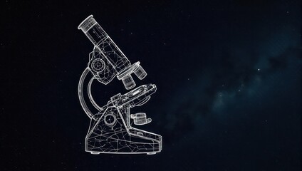 Discovering the unknown with a detailed scientific microscope blueprint against a starry cosmos backdrop, symbolizing innovation.