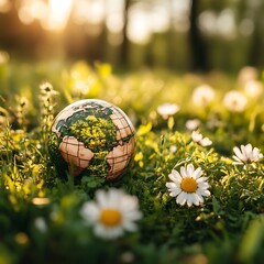 Earth globe nestled in a field of wildflowers. Sunlight filters through trees