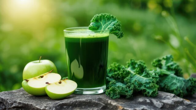 Refreshing green kale and apple juice presented outdoors on stone, promoting healthy lifestyle and natural wellness for vibrant living.