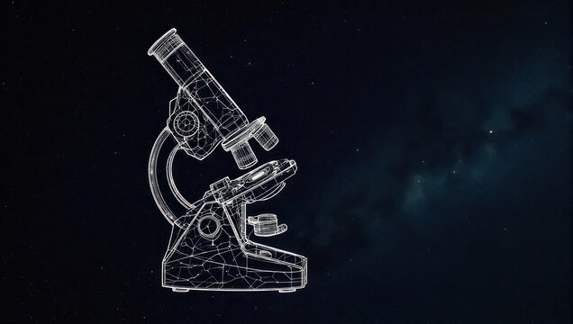 Discovering the unknown with a detailed scientific microscope blueprint against a starry cosmos backdrop, symbolizing innovation.