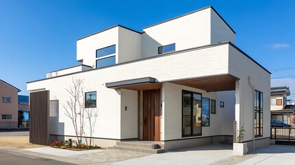 Modern White Residential House Under a Blue Sky / 青空の下に建つモダンな白い住宅