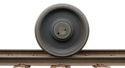 Close-up of a single train wheel on weathered tracks transparent background