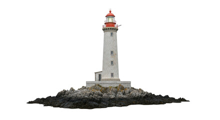 Tall white lighthouse guiding ships with glowing red top light transparent background © Kolsom