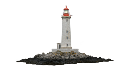 Tall white lighthouse guiding ships with glowing red top light transparent background