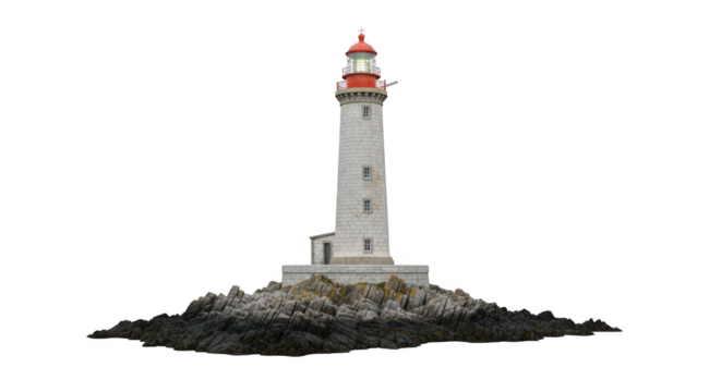 Tall white lighthouse guiding ships with glowing red top light transparent background