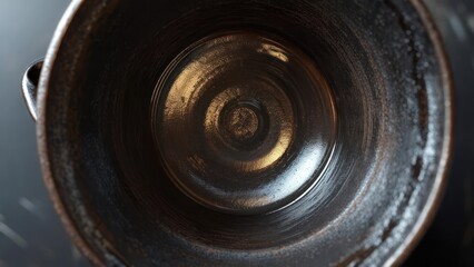 Captivating close-up of a dark ceramic bowl's textured interior, highlighting rich earthy tones and elegant light reflections for artisanal appeal.