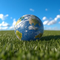 Earth globe resting on a grassy field under a partly cloudy sky