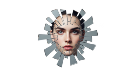 Surreal portrait of a woman with geometric fragmented head transparent background