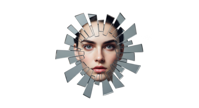 Surreal portrait of a woman with geometric fragmented head transparent background - Powered by Adobe