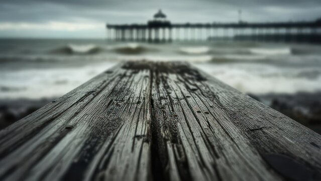 Experience the dramatic beauty of a moody ocean scene with crashing waves and a weathered wooden foreground leading to a distant pier structure under a cloudy sky.