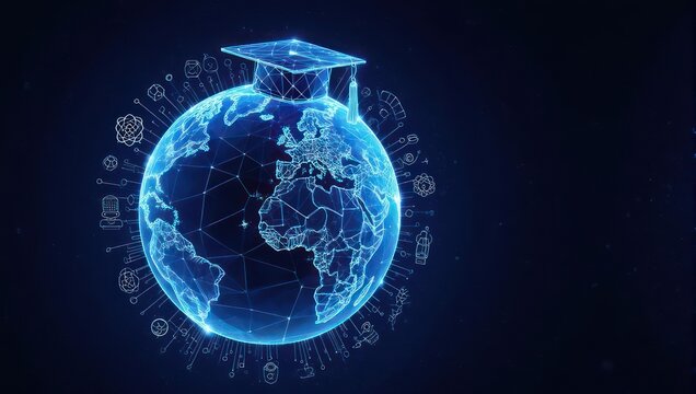 Global learning and education concept with glowing digital planet earth wearing graduation cap and surrounded by knowledge icons