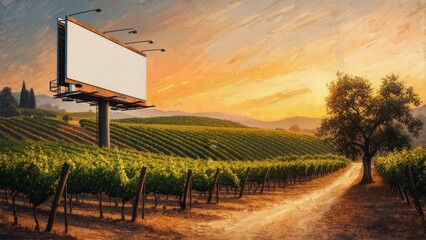 Blank billboard in a vineyard at sunset
