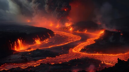 Witness nature's raw power as molten lava flows dramatically across volcanic landscape under stormy, fiery skies