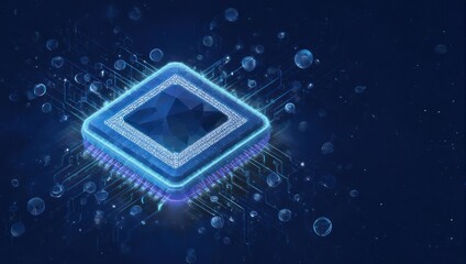 Stunning digital circuit board with glowing central processor, symbolizing advanced technology and innovation in a futuristic, abstract digital realm