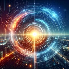 Futuristic city view with digital overlay