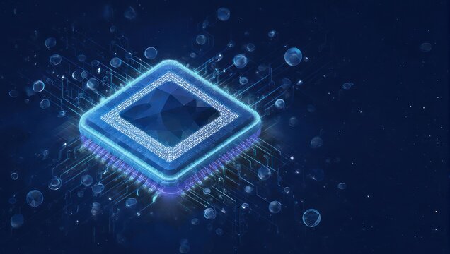 Stunning digital circuit board with glowing central processor, symbolizing advanced technology and innovation in a futuristic, abstract digital realm