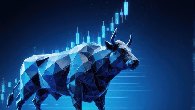 Dynamic polygonal bull charging forward against a backdrop of glowing financial market candlestick charts, symbolizing economic growth and investment success.