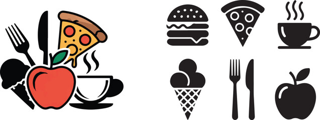 Food and drink icons apple pizza