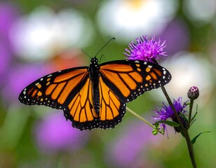 Monarch butterfly on purple flower, blurred background