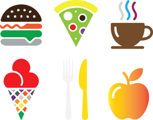 Food icons burger pizza coffee ice cream apple cutlery