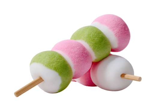 Colorful Hanami dango skewers, coated with fine sugar, soft and chewy, giving a cute and festive springtime vibe perfect for Japanese sweets lovers.