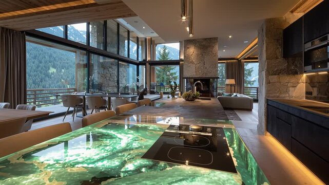Luxury chalet kitchen design Green onyx countertop Modern interior design Mountain view 