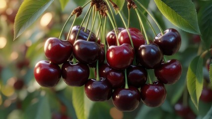 Luscious ripe dark cherries glistening in warm sunlight, perfectly plump and ready for harvest, evoking summer freshness and natural sweetness