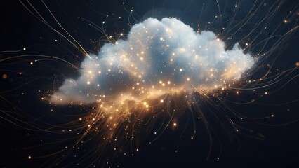 Dynamic digital cloud bursts with glowing particles and energy streaks, symbolizing innovation, data, and future technology.