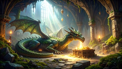 Fototapeta premium Majestic Green Dragon in Ancient Castle Treasure Chamber.