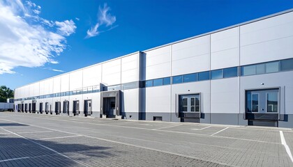 Modern warehouse exterior, sunny day