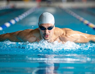 Man swimming butterfly stroke in a pool