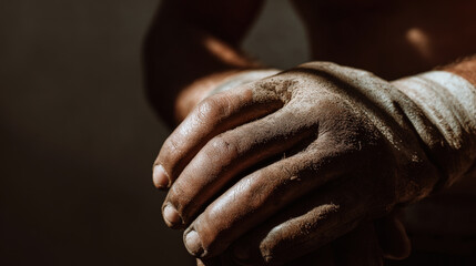 closeup of gloved hands resting on waist after intense workout illuminated by bright sunlight