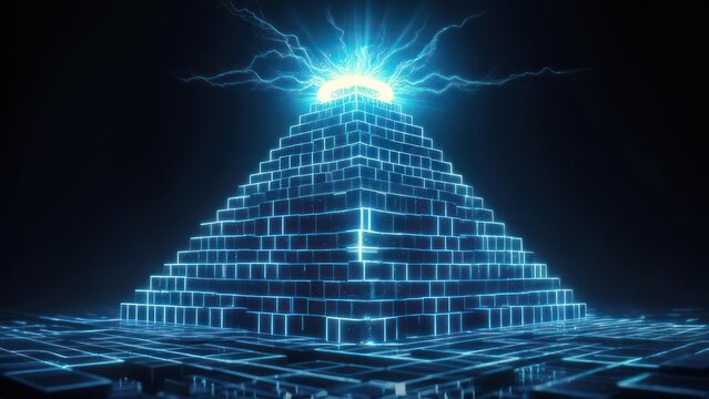 Dynamic digital pyramid glows with electric energy and lightning strikes, symbolizing innovation and future tech