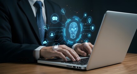 Generative AI supporting business processes with intelligent automation technology. Artificial intelligence analyzing data and generating reports. Businessman using laptop computer.