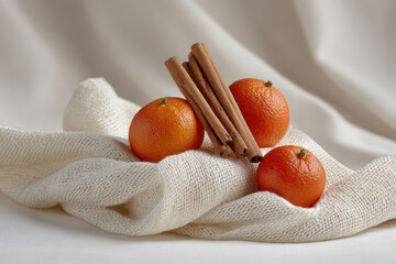 minimalist composition featuring burlap cinnamon sticks and fresh oranges arranged elegantly on clean white