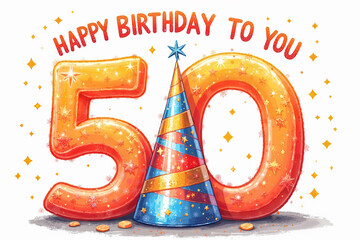 Large orange 50 with red outline, party hat between, surrounded by gold diamonds and confetti, HAPPY BIRTHDAY TO YOU in red.
