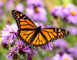 Monarch butterfly resting on purple flowers