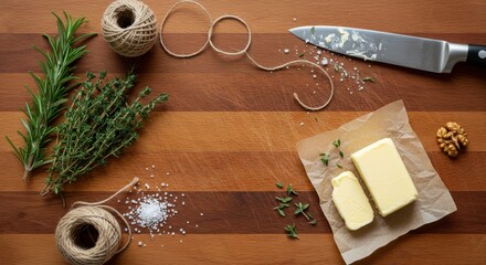 A rustic kitchen scene featuring a block of butter on a wooden cutting board, surrounded by fresh herbs, twine, and salt, evoking a cozy cooking atmosphere