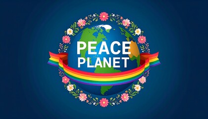 Earth globe, surrounded by flowers and a rainbow ribbon, displaying the words "PEACE PLANET