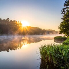 Obraz premium Sunrise over a misty lake