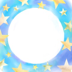 水彩の星が輝く円形フレーム。ブルーの背景にきらめくイラスト素材。