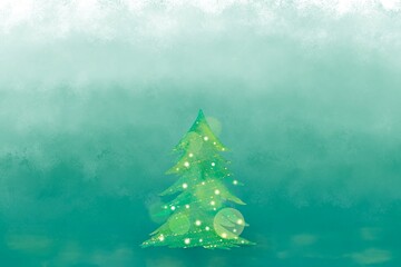 緑色の背景に雪が降る、水彩のクリスマスツリー。イルミネーションライトがロマンチックなイラスト。