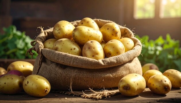 Freshly harvested potatoes in burlap sack
