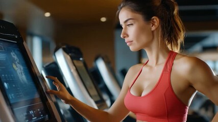 Fitness Tech & Determination: A woman in sportswear interacts with the high-tech interface of a treadmill, embodying the convergence of technology and personal wellness. - Powered by Adobe