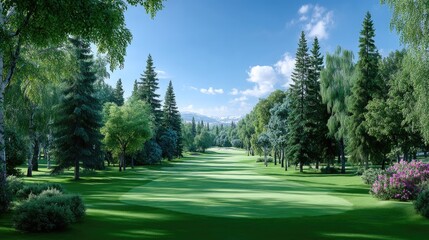Lush Green Golf Course Under Clear Blue Sky Surrounded by Verdant Trees and Distant Mountains Landscape Photography