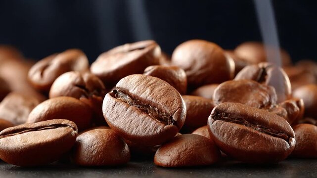 Roasted Coffee Beans: Close-up of fresh, aromatic roasted coffee beans, offering a sensory experience of rich aroma and tempting flavor, promising a perfect start to the day.