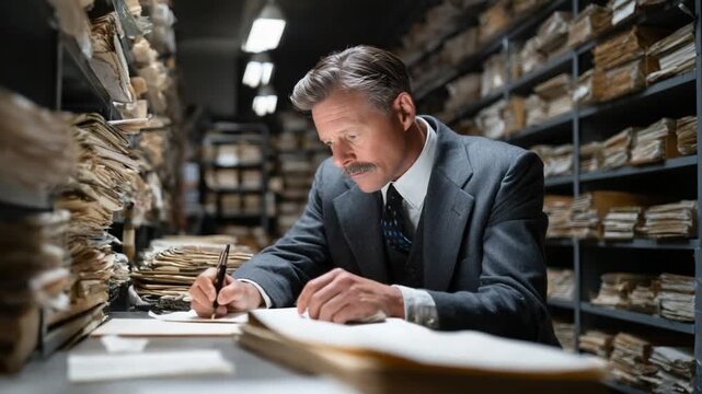 The Archivist's Study: A focused archivist meticulously documents historical records amidst a vast repository of files and documents, capturing the essence of meticulous preservation.