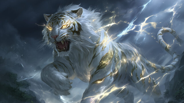 A white tiger, Byakko, roaring with lightning in a storm, Anime